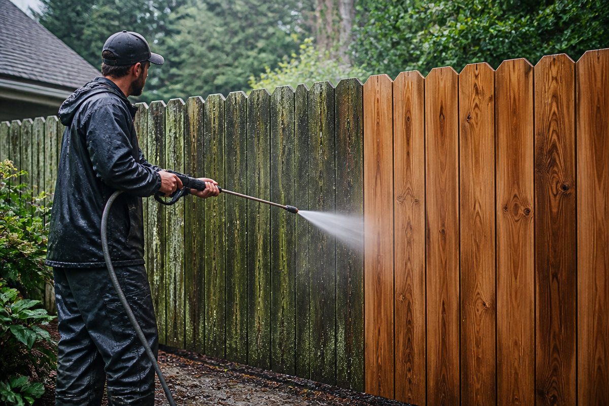 Worker pressure washing a mossy wooden fence, revealing clean timber behind the spray