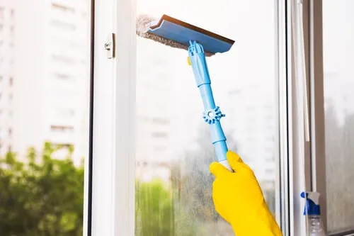 Squeegee pulling a clean stripe across a residential window pane